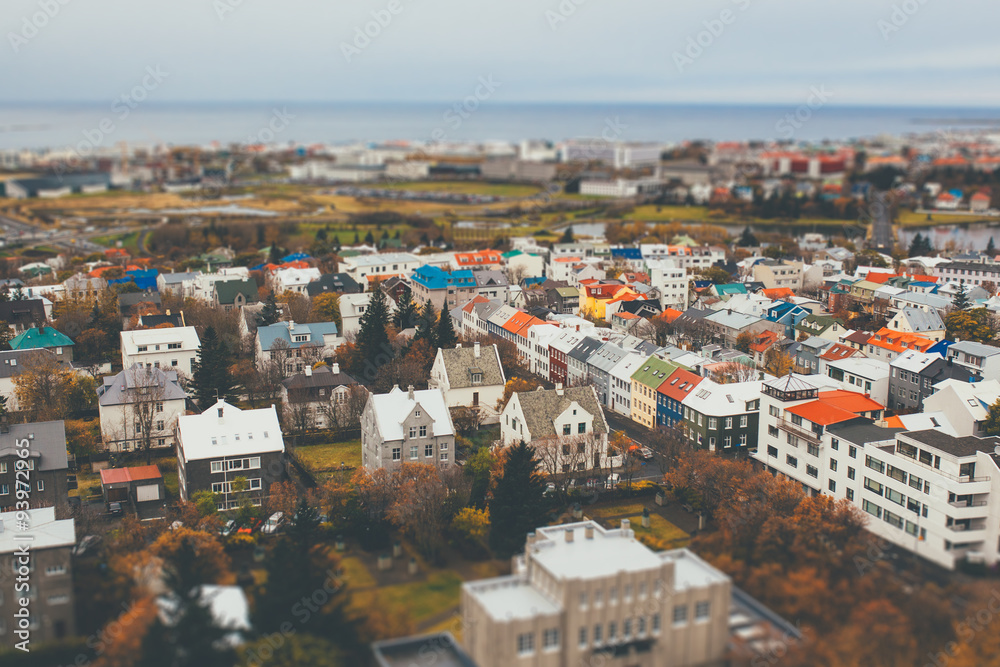 Aerial view of city Reykjavik, Iceland with tilt shift effect. Toy Town