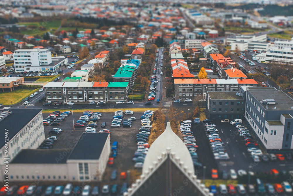 Aerial view of city Reykjavik, Iceland with tilt shift effect. Toy Town