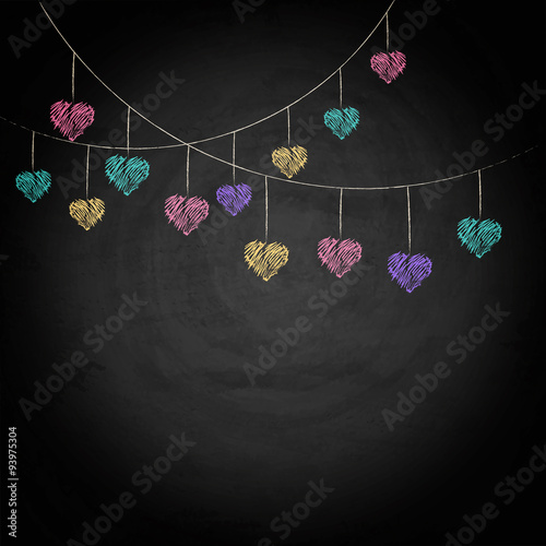 Blackboard background with drawing bunting hearts