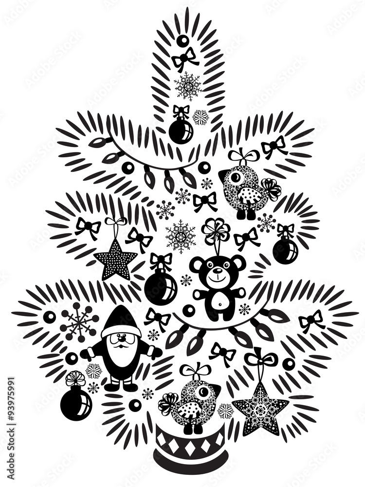 cartoon Christmas tree for little kids. Black and white image