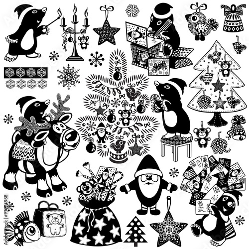 set with cartoon mole prepare the house for christmas or new years. Black and white images for little kids