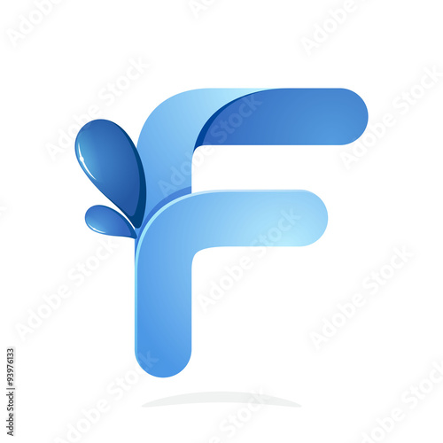 F letter with water waves and blue drops. Eco logo