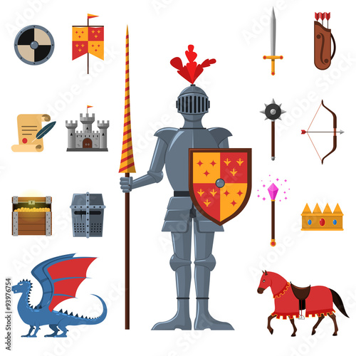 Medieval kingdom knights flat icons set 
