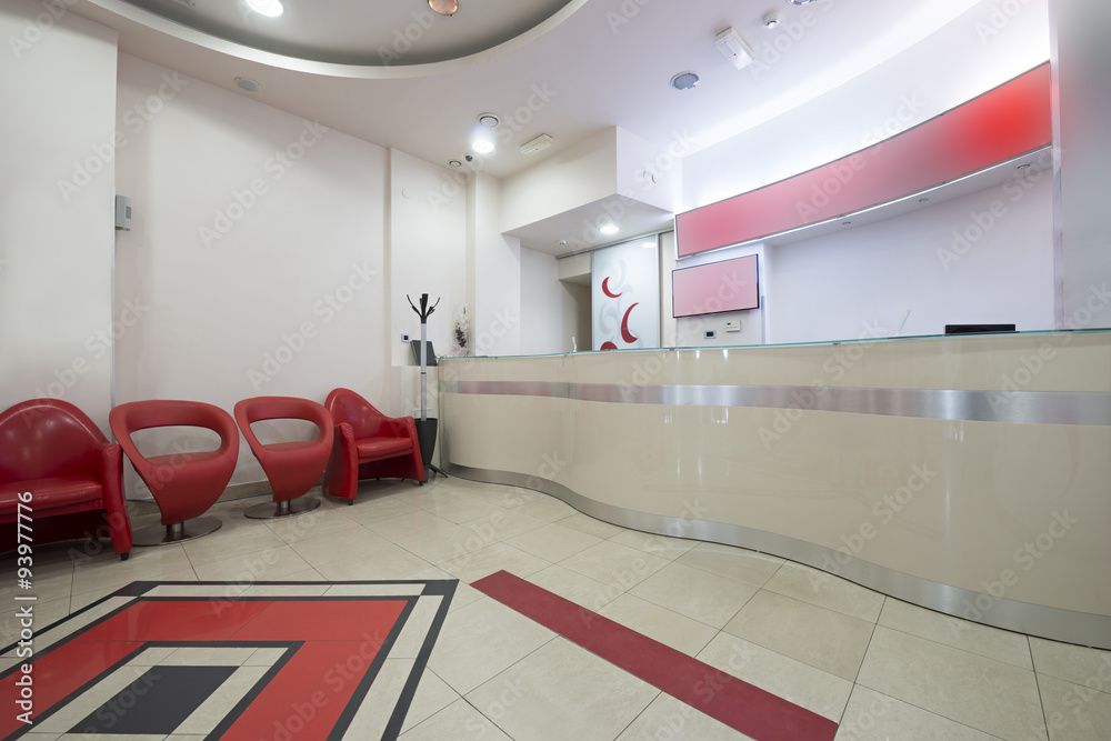 Interior of a modern waiting room with reception desk reception Stock ...