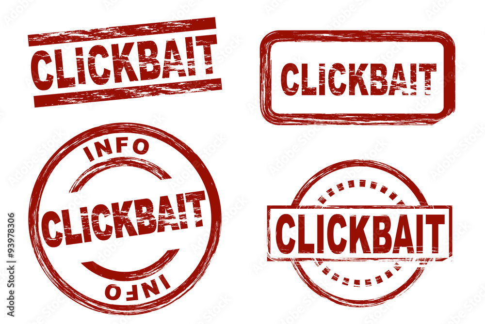 Set of stylized red stamps showing the term clickbait