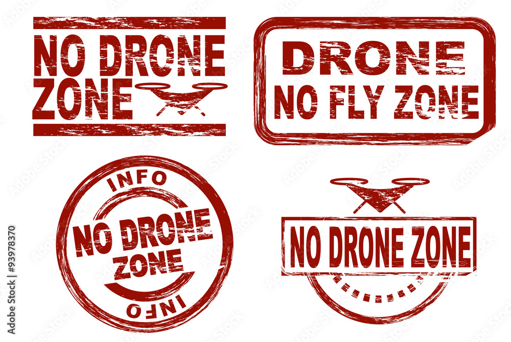 Set of stylized red stamps showing the term No Drone Zone
