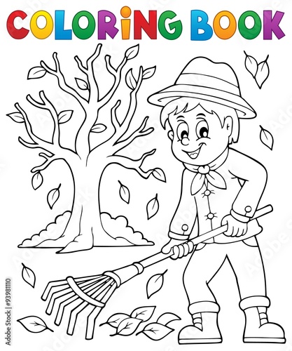 Coloring book gardener and tree
