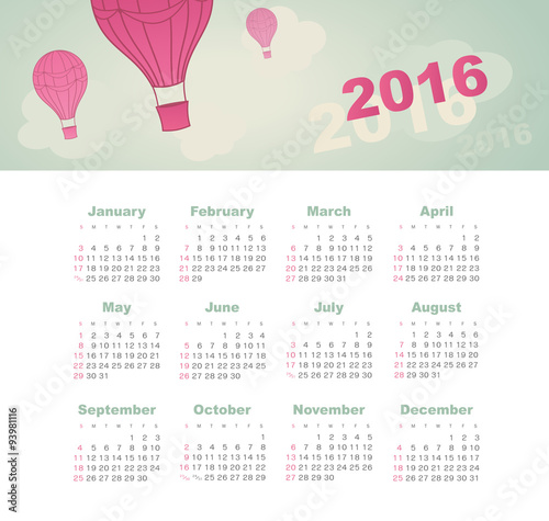 Calendar for 2016. Balloon, sky, cloud, aerostat