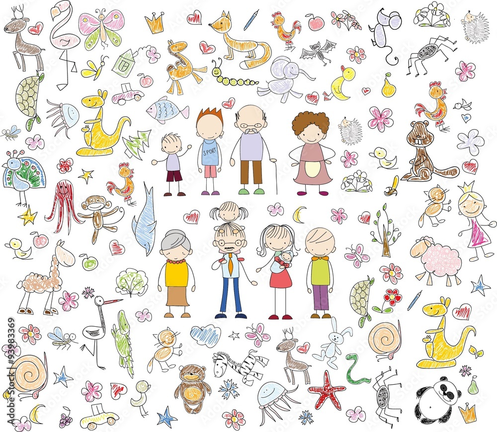 Children's drawings of doodle family, animals, people, flowers Children's drawings of doodle family, animals, people, flowers