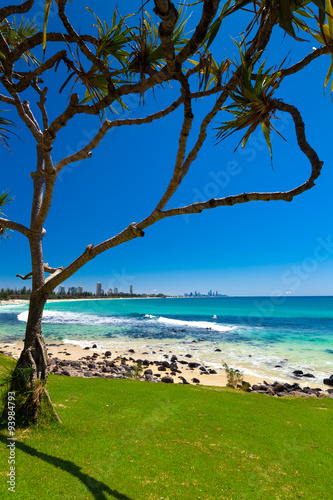 Gold Coast skyline and surfing beach visible from Burleigh Heads