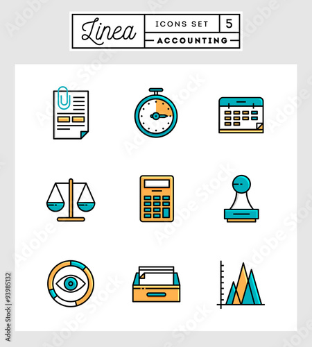 Set of flat design thin line icons of accounting elements