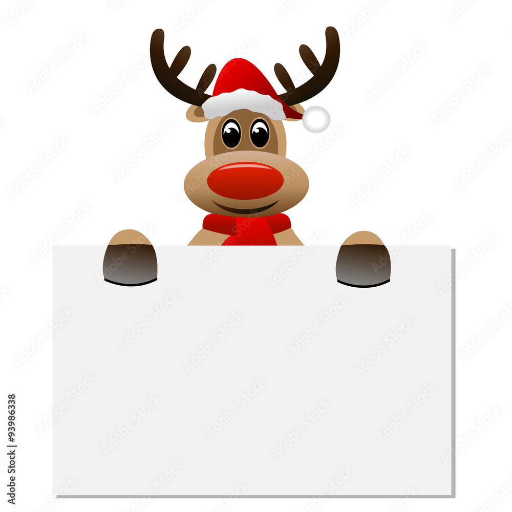 funny reindeer Christmas hat holding a blank banner funny reindeer Christmas hat holding a blank banner