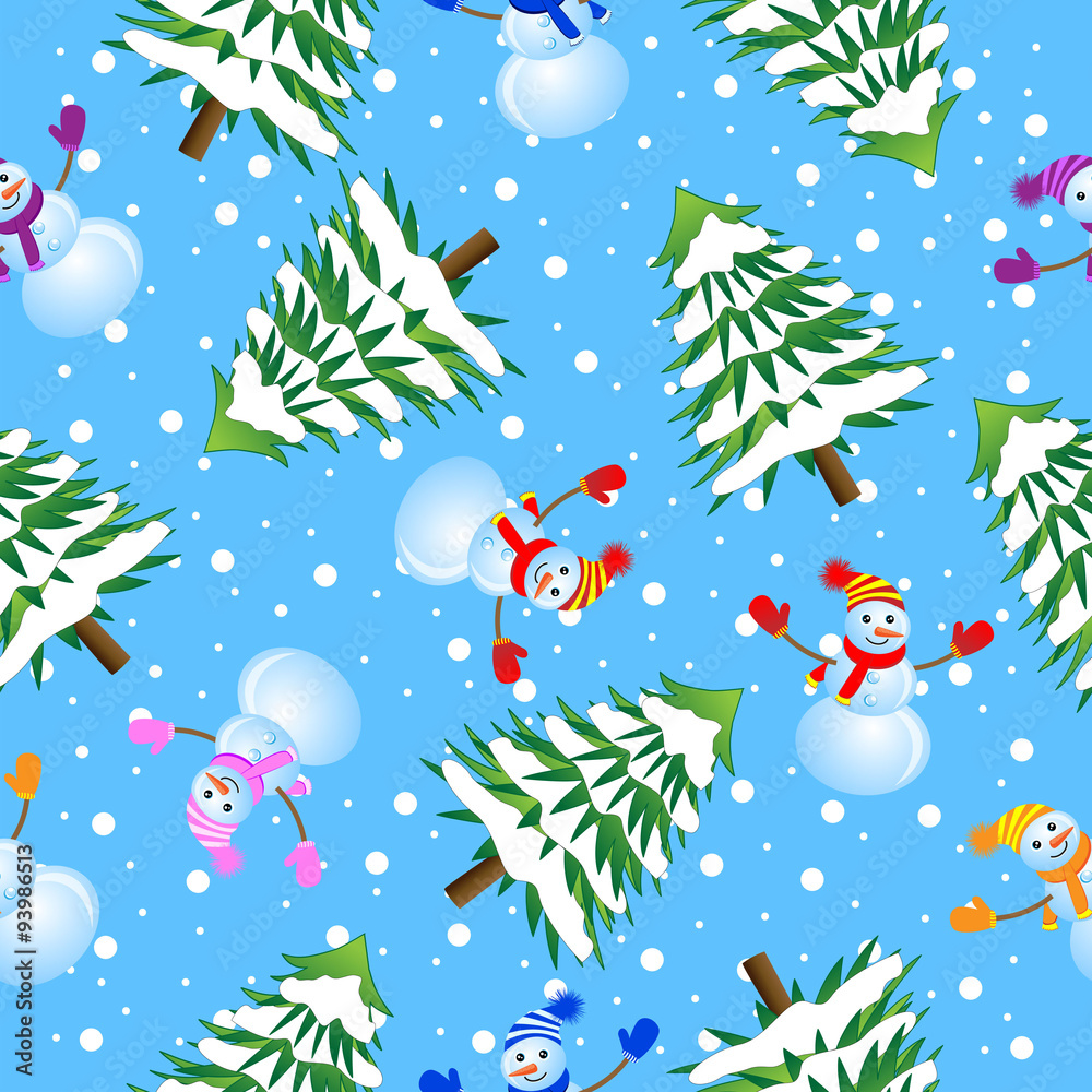 Seamless background with Christmas tree and snowman