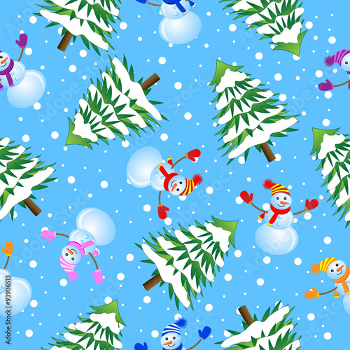 Seamless background with Christmas tree and snowman