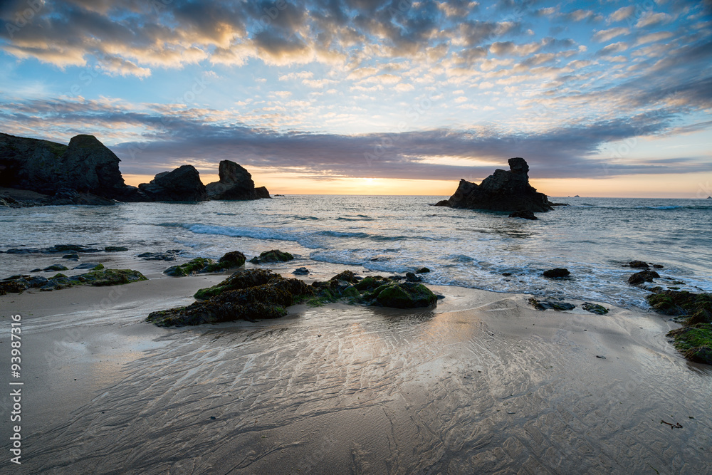 Beautiful sunset at Porthcothan Bay on the Cornwall coast Beautiful sunset at Porthcothan Bay on the Cornwall coast