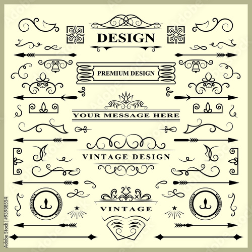 Set of Vintage Decorations Elements. Flourishes Calligraphic Ornaments and Frames. Retro Style Design Collection for Invitations, Banners, Posters, Placards, Badges and Logotypes. Vector illustration