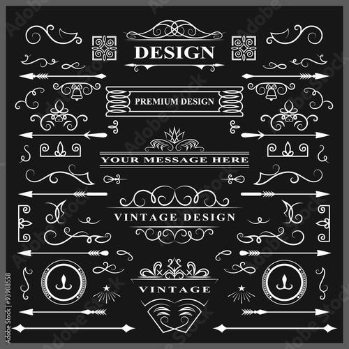 Set of Vintage Decorations Elements. Flourishes Calligraphic Ornaments and Frames. Retro Style Design Collection for Invitations, Banners, Posters, Placards, Badges and Logotypes. Vector illustration