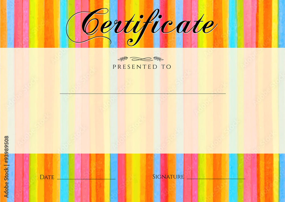 Certificate, Diploma of completion with colorful stripy (stripes border, line pattern) background. Vector watercolor with rainbow texture for Certificate of Achievement, coupon, award frame, winner