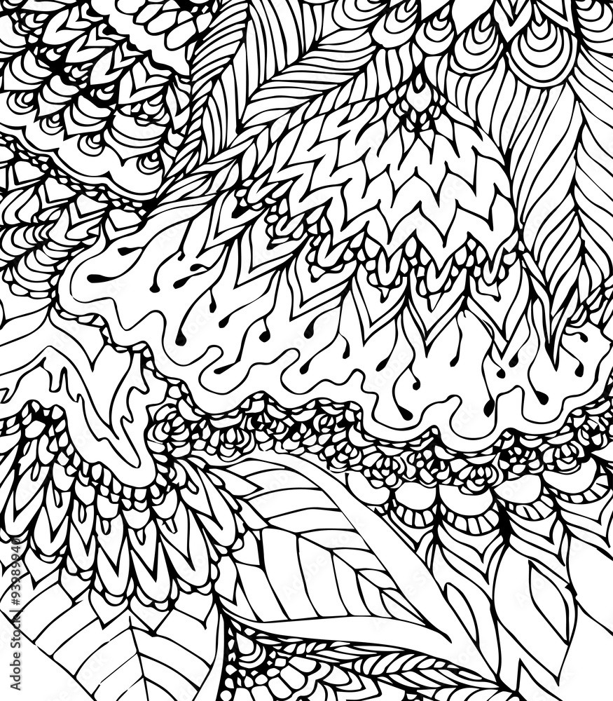 Obraz premium Black and white template. Doodle drawing. Hand-drawn pattern. Abstract black lines, curves and leaves on the white background. Vintage backdrop. Vector texture with abstract flowers. 
