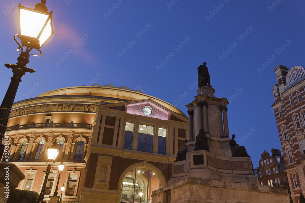 Night view of the Royal Albert Hall of Arts & Sciences & the Memorial for the Great Exhibition of 1851 by Joseph Durham, South Kensington, London, 