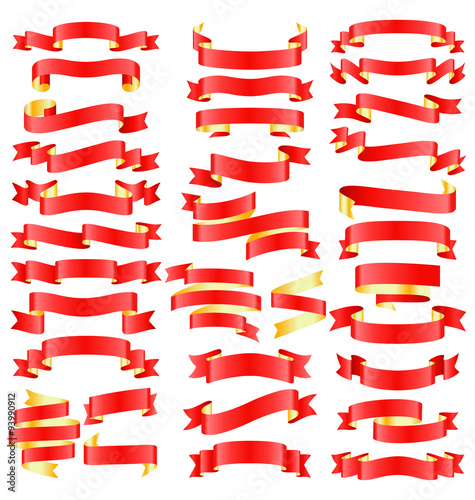 Set of Red Golden Celebration Curved Ribbons Variations Isolated