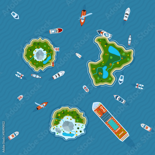 Ships around islands top view  