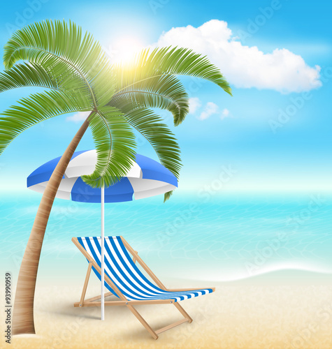 Beach with Palm Clouds Sun Beach Umbrella and Beach Chair. Summe