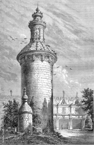The Dovecote the old castle of Usson, vintage engraving.