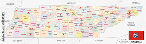 tennessee administrative map with flag photo