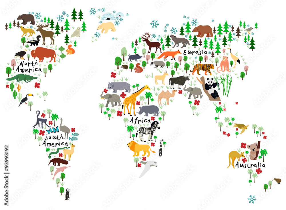 Fototapeta Animal map of the world for children and kids