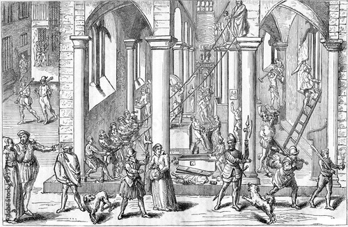 The Iconoclasts in Antwerp in 1566, vintage engraving. photo