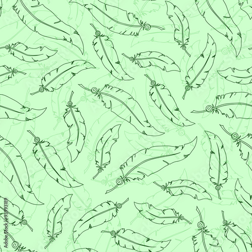 Green feathers on green background. Seamless vector pattern.