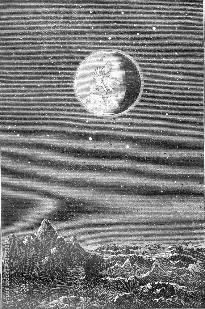 Fototapeta premium Earth from Moon, vintage engraving.