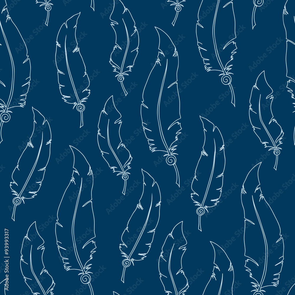 White feathers on blue background. Seamless vector pattern.