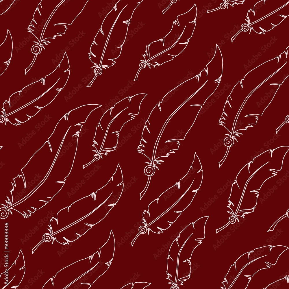 Fototapeta premium White feathers on red background. Seamless vector pattern.