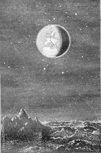 Earth from Moon, vintage engraving.