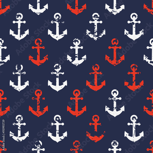 Hand drawn vector seamless navy pattern with red and white ancho