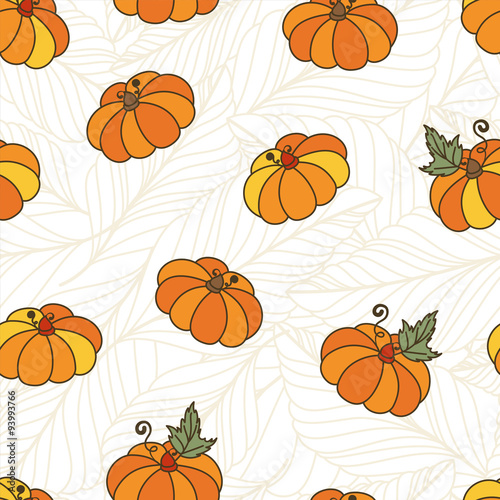 Hand drawn seamless vector pattern with orange pumpkins and autu