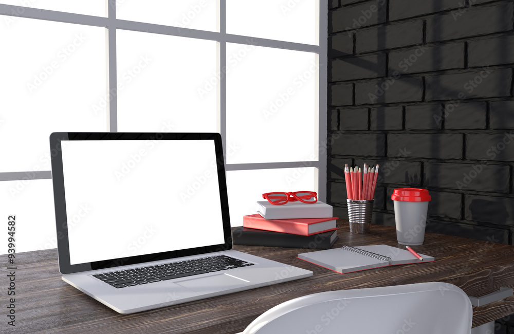 3D illustration laptop and work stuff on table near brick wall 3D illustration laptop and work stuff on table near brick wall