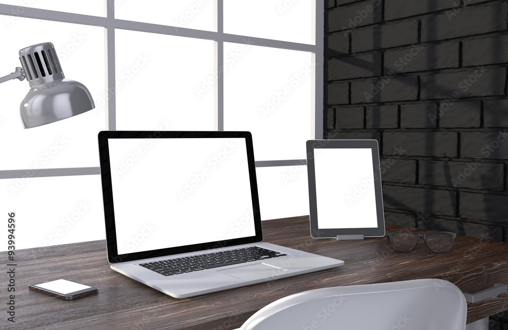 3D illustration laptop and work stuff on table near brick wall 3D illustration laptop and work stuff on table near brick wall