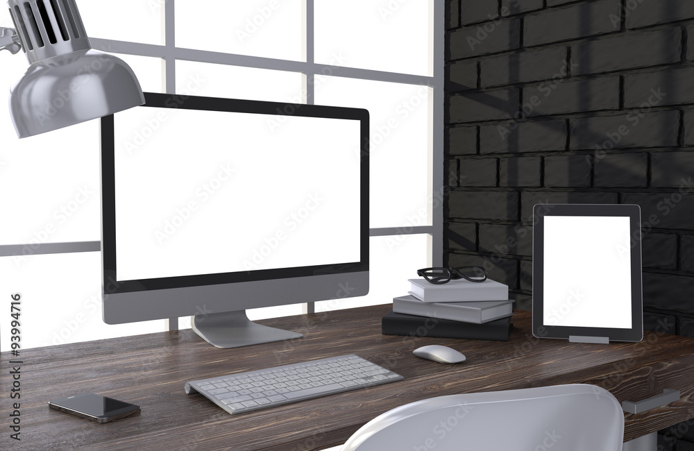 Fototapeta premium 3D illustration PC screen on table in office, Workspace