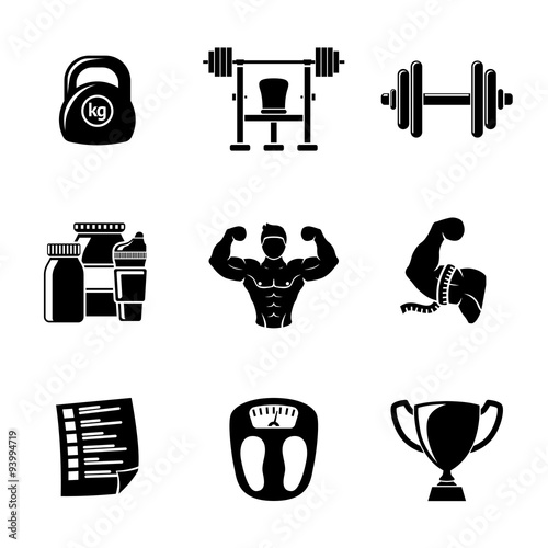 Set of Bodybuilding icons with - dumbbell, weight, bodybuilder