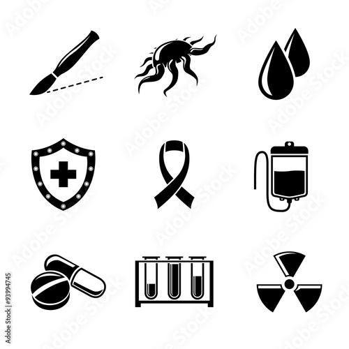 Set of Cancer icons with - shield, virus cell, blood drops