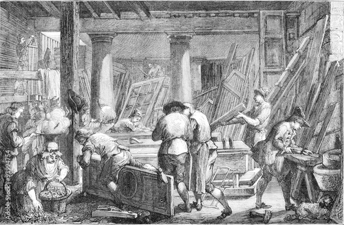 Workshop of Mr Jadot, carpenter, in Paris, vintage engraving. photo