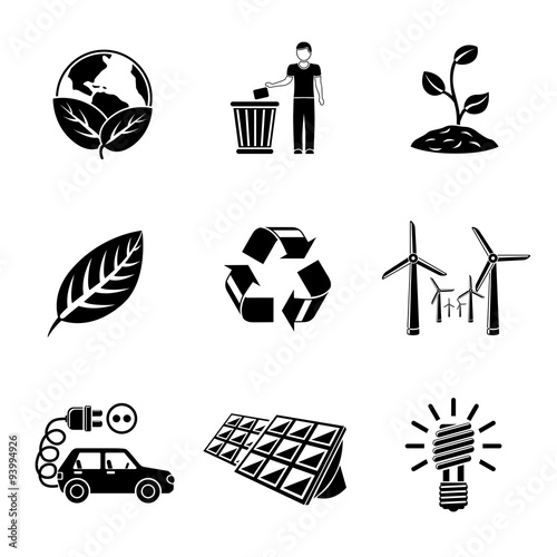 Set of ECOLOGY icons with - recycle sign, green earth, leaf