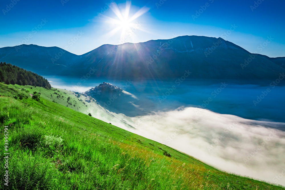 Foggy sunrise in the Castelluccio, Umbria, Italy