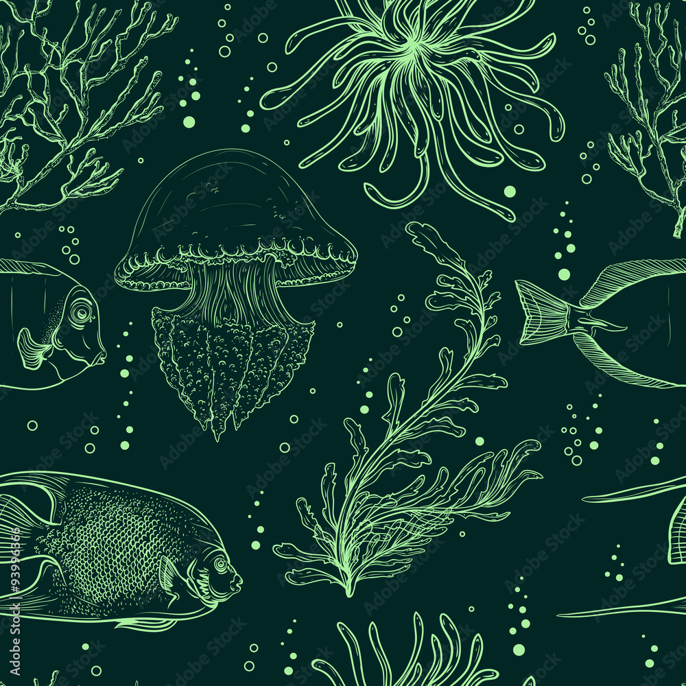 Fototapeta premium Seamless pattern with tropical fish, jellyfish, marine plants and seaweed. Vintage hand drawn vector illustration marine life. Design for summer beach, decorations,print,pattern fill, web surface