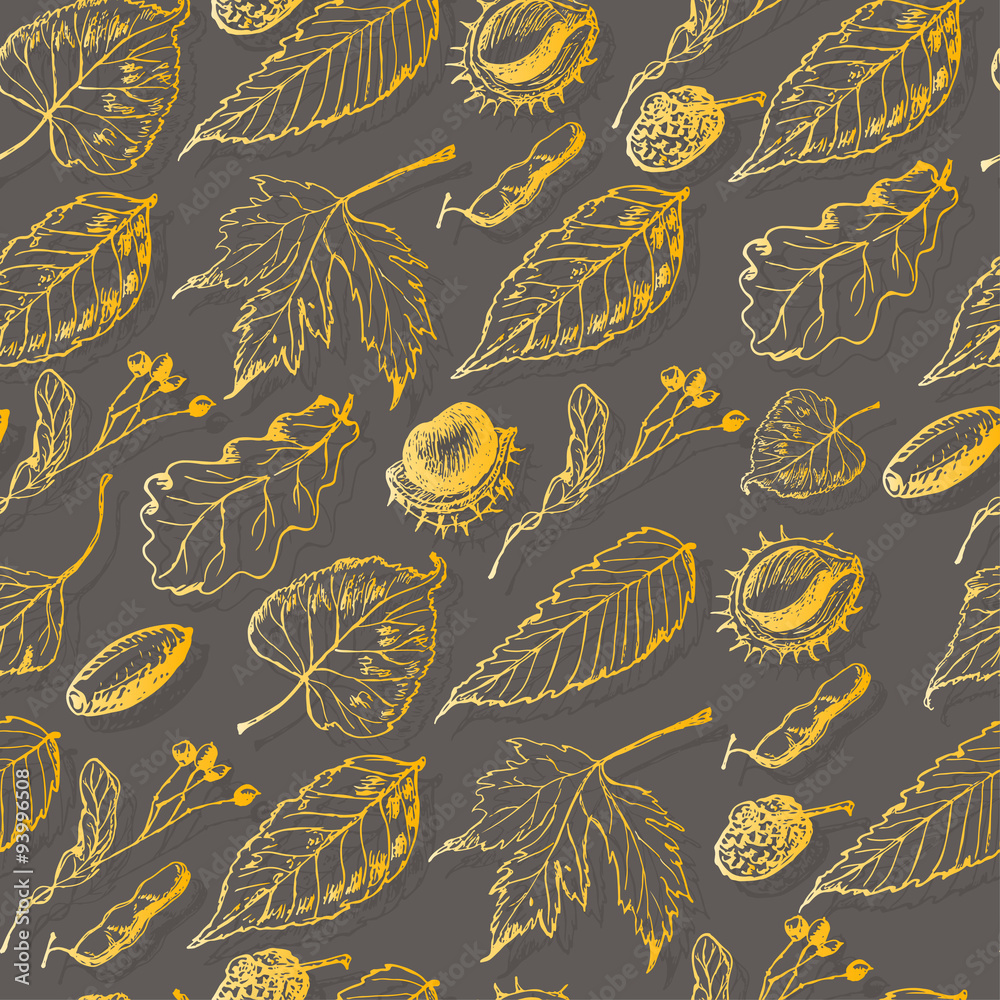Autumn seamless pattern with leaves and seeds on a gray background Autumn seamless pattern with leaves and seeds on a gray background