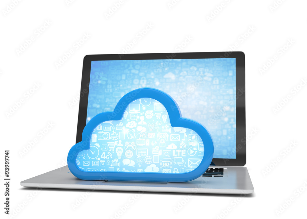 Laptop with cloud computing symbol on keyboard. 3d render Laptop with cloud computing symbol on keyboard. 3d render