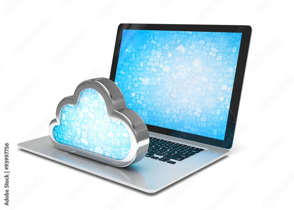 Laptop with cloud computing symbol on keyboard. 3d render Laptop with cloud computing symbol on keyboard. 3d render